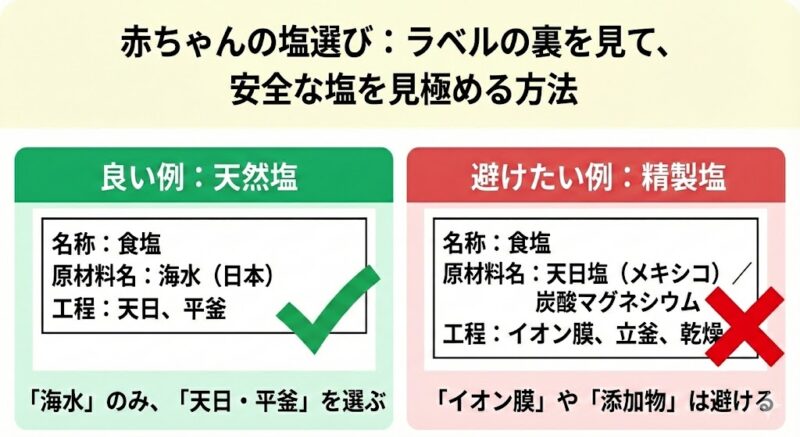 赤ちゃんの塩選び：ラベルの裏を見て、安全な塩を見極める方法。パッケージ裏面の原材料名と製造工程のチェックポイント。「海水」のみ、「天日・平釜」が良い例。「イオン膜」「添加物」は避ける例を示す比較図解。