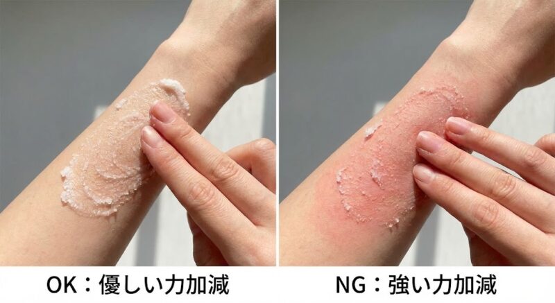 塩スクラブの正しい力加減の比較実撮。左の「OK：優しい力加減」では肌が赤くなっていないが、右の「NG：強い力加減」では摩擦で肌が赤くなっている様子を示す写真。