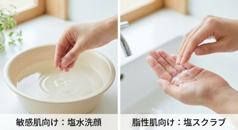 肌質別の塩洗顔方法の実撮比較。左は敏感肌向けに洗面器で塩水を作る様子、右は脂性肌向けに手のひらで塩スクラブを作る様子を示す写真。