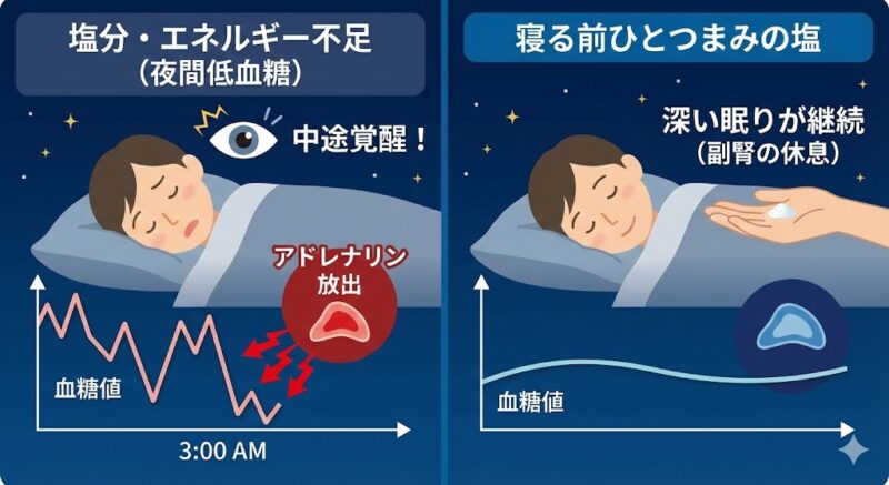 寝る前の塩分摂取の有無による、夜間の血糖値変化と睡眠状態の比較図。