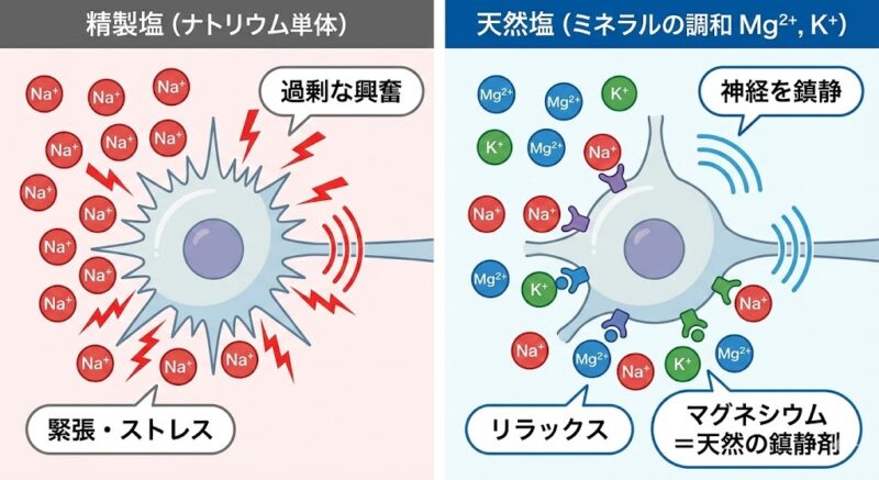 精製塩（ナトリウム単体）が神経細胞を過剰に興奮させ緊張やストレスを引き起こす様子と、天然塩（マグネシウム、カリウムなど）が神経細胞を鎮静化させリラックスさせる様子の比較図解
