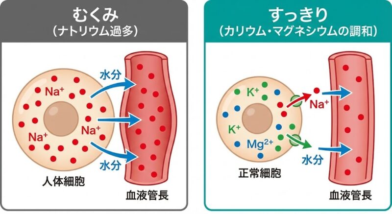 ナトリウム過多によるむくみのメカニズムと、カリウム・マグネシウムの働きによる解消メカニズムを比較した図解。左図はナトリウムが細胞内に水分を溜め込む様子、右図はカリウムとマグネシウムが余分なナトリウムと水分を血管へ排出し、細胞を正常に保つ様子を示している