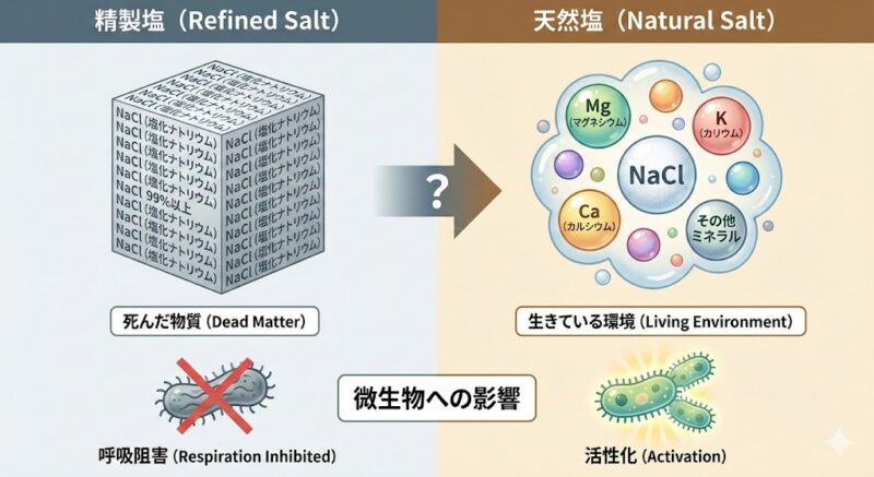 精製塩（塩化ナトリウムのみ）と天然塩（多種多様なミネラルを含む）の成分構造の比較図解