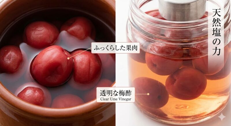 天然塩で仕込み、たっぷりと透明な梅酢が上がったふっくらとした梅干しの実撮写真