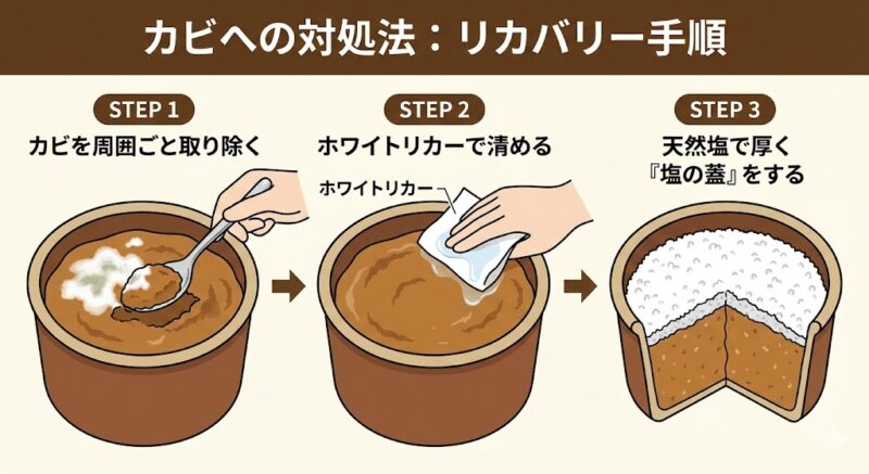 味噌の表面に生えたカビの取り除き方と、天然塩による「塩の蓋」のやり方図解