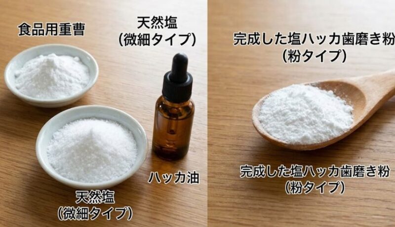 食品用重曹、ぬちまーす、ハッカ油を混ぜ合わせた自家製歯磨き粉の材料と完成した粉末の質感。