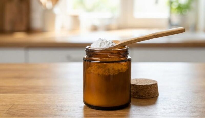 成分の劣化を防ぐための遮光ガラス瓶に入った自家製歯磨き粉の保存例。