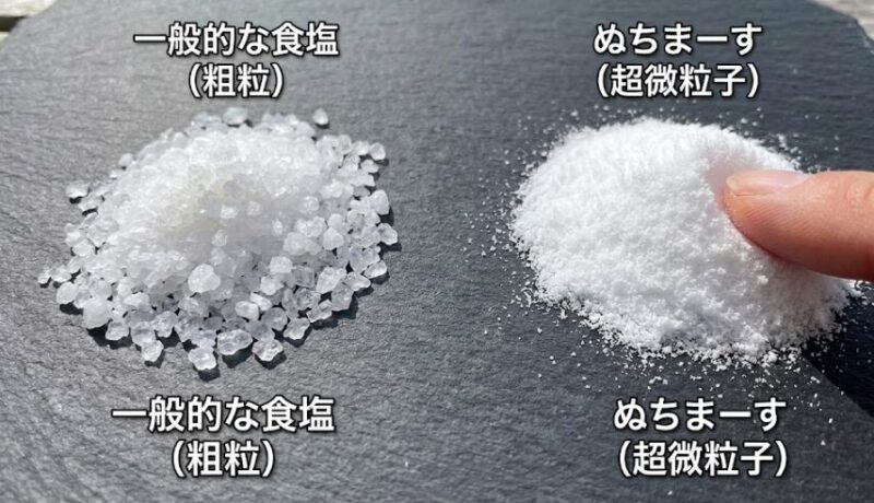 一般的な塩と、パウダー状のぬちまーすの粒子の細かさを比較した接写写真