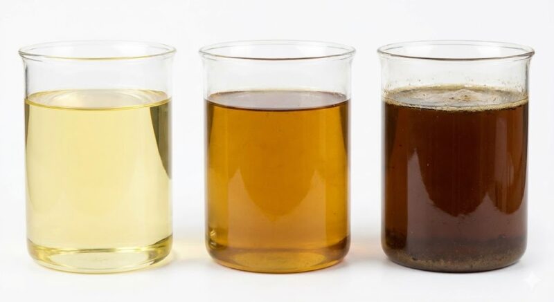 左から新品の透明な油、数回使用して色が濃くなった油、廃棄すべき茶褐色で濁った油の劣化度合い比較写真