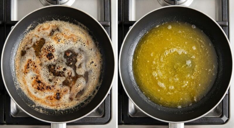左側のフライパンは加熱により焦げて茶色くなったバター、右側のフライパンは高温でも透明な黄金色を保っているギー（GHEE）の比較写真