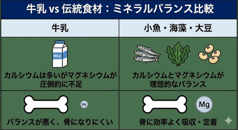 牛乳と伝統食材（小魚、海藻、大豆）のミネラルバランス比較表。牛乳はカルシウムに対しマグネシウムが不足し、伝統食材は理想的なバランスであることを示す。
