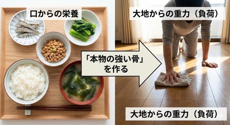 骨を強くするための理想的な食事（小魚、納豆、海藻などの和食）と、骨に負荷をかける日常動作（雑巾がけ）を組み合わせた合成写真。「本物の強い骨」を作るための要素を示す。